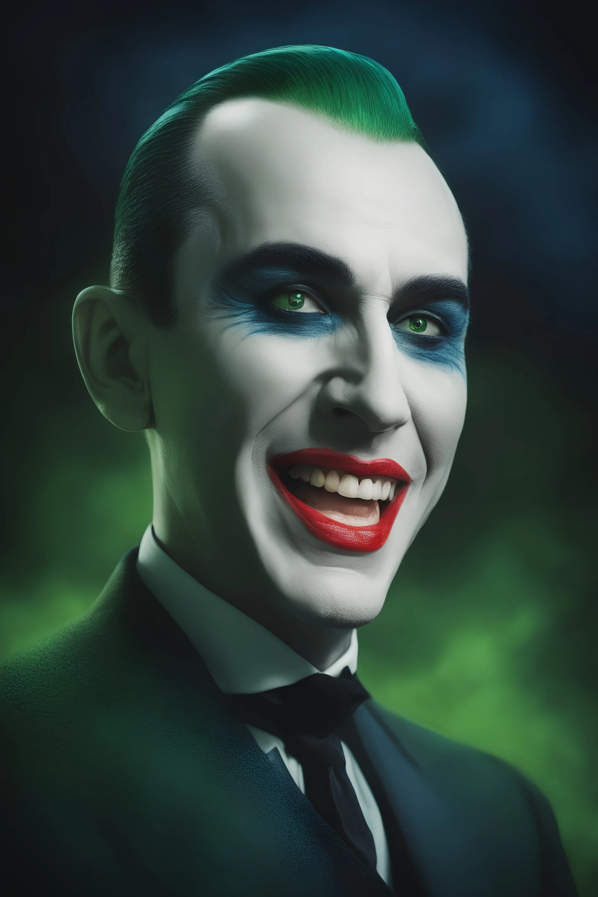 Bela Lugosi as Count Dracula the Joker, laughing maniacally, Short, buzz-cut green hair tapered on the sides, green eyebrows - Blue eyes - full color - 32k, UHD, 1080p, 8 x 10, glossy professional quality digital photograph - dark foggy gradated background, historic, powerful, octane rendering, exquisite detail, 30 - megapixel, 4k, 85 - mm - lens, sharp - focus, intricately - detailed, long exposure time, f8, ISO 100 - back - lighting, ((skin details, high detailed skin texture))