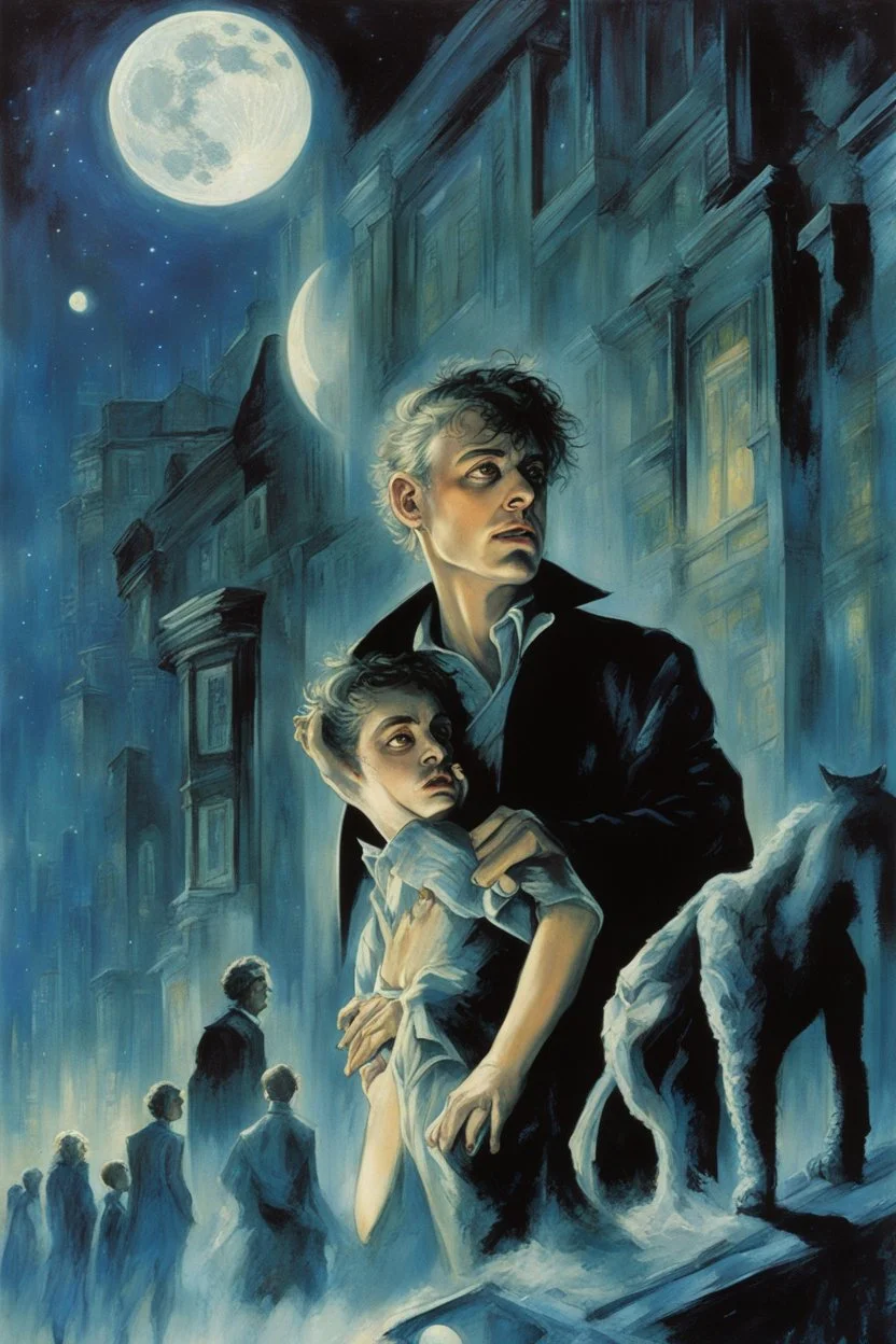 modern movie poster art by Drew Struzan, "THE MUSIC OF THE MOON" by "THOMAS LIGOTTI" about a somambulist who is drawn to the night streets following sinister dreamy music, gauzy textures, surreal art, cool somber colors, dramatic mixed media, intricate detail, volumetric lighting, artistic photo layering effect.