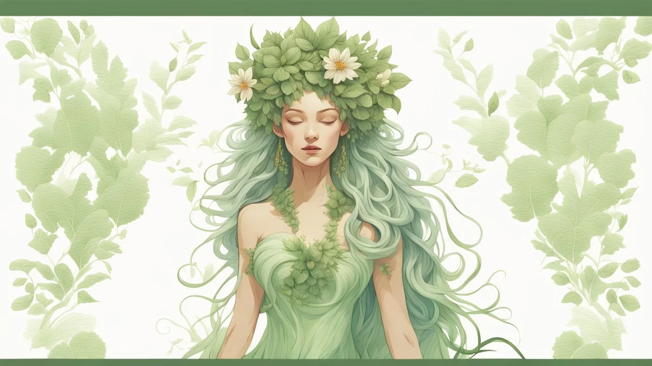 Fantasy digital illustration: a goddess of nature. Her body is covered in lush flora and trees; clusters of flowers adorn her grassy hair similar to a headdress. Her entire body appears to be made of the land itself, with a flowing "dress" made of plants and flora.