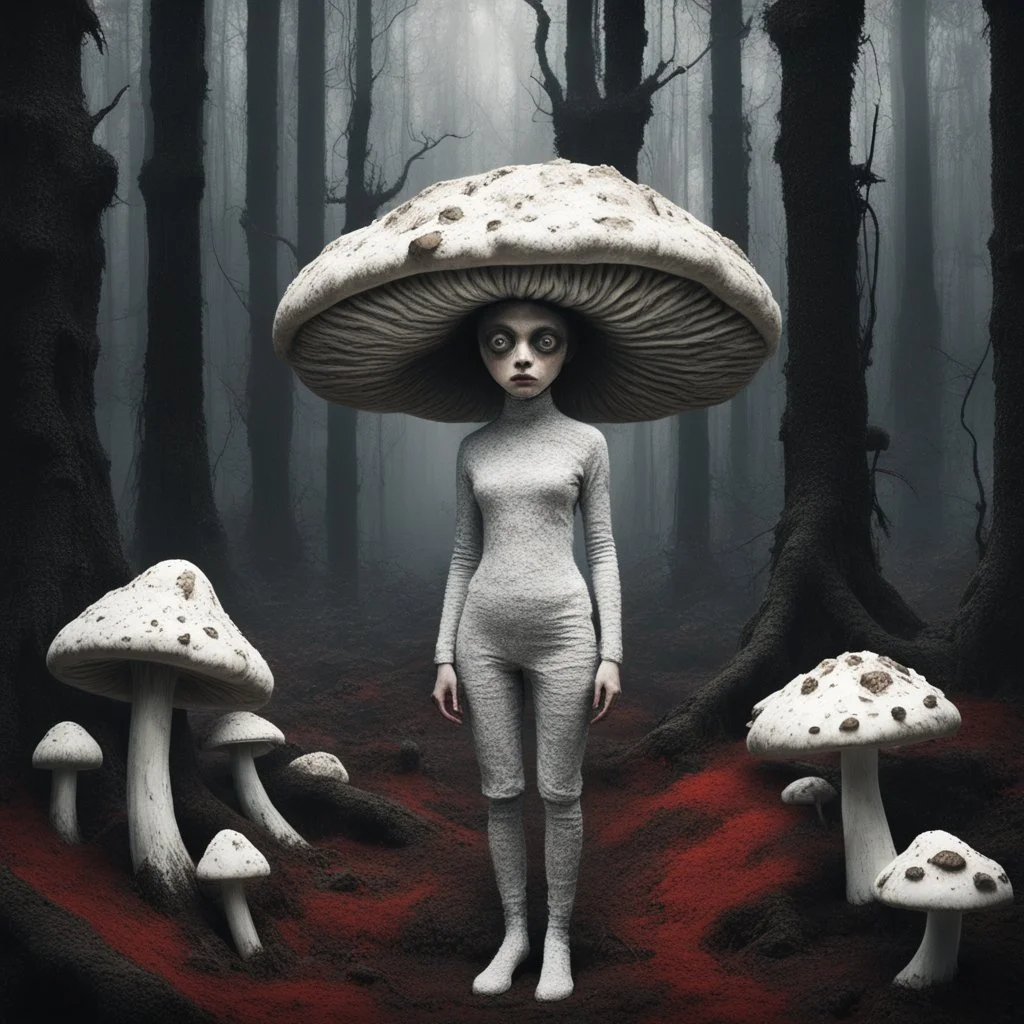 [art by jean-paul riopelle] In the heart of a dark and spooky forest, a woman with big eyes, her head enclosed in a giant mushroom cap, stands trembling. She is clad in a full-body mushroom symbiote suit made of white mycelium, blending seamlessly with the eerie surroundings. Surrounding her are several giant mushrooms, their shapes resembling women, casting long, haunting shadows in the dim light of the forest.The woman's eyes dart nervously from one mushroom figure to another, their silent pr