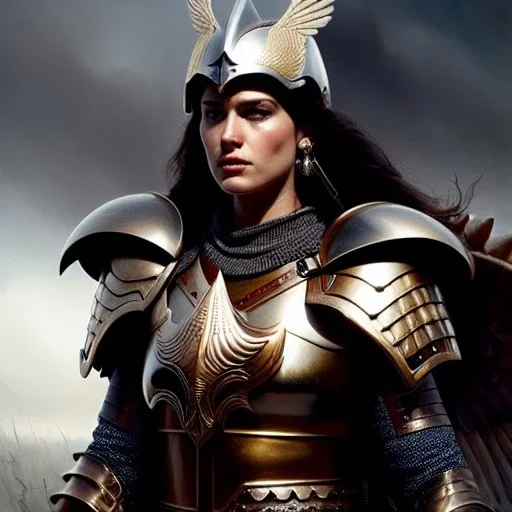 a beautiful (full body)portrait oil on canvas portrait of a valkyrie wear armor helmet with detail eyes by Greg Rutkowski and Raymond Swanland, ultra realistic digital art, hyperdetailed intricate, castle