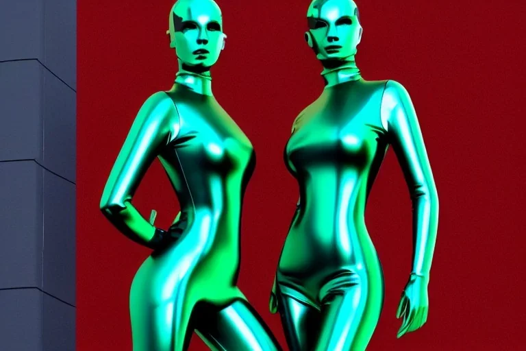 Dark green to cyan metal surfaces body, latex. partly coverage metallic. Slim bodies and big butts, man and hot Russian military girls marching. Old-fashioned telephones&cameras integrated to heads. Matrix leather Cyber-punk. Dystopia perfect body. Red&blue 3D-tiling. Dystopia. Partly symmetrical in relation to machines. Perfect golden ratio in vertical and horizontal directions. Bending time-space-continuum. Balls in 5th dimension Tessellation in 4-dimension elongated frog finger