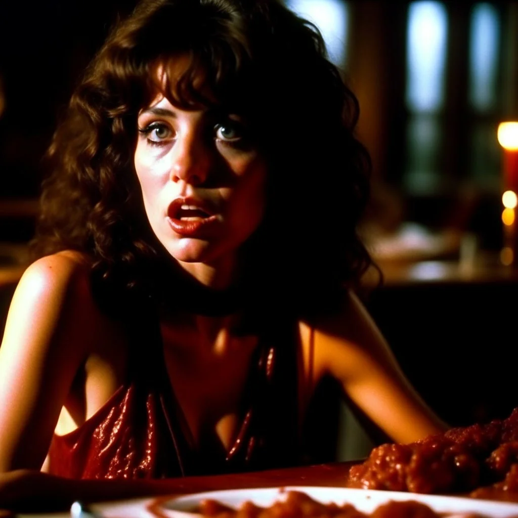 Horror movie shot, hot spooky, leech, shoulders, stunning, dining, huge breasi, ultra realistic, really eerie, ultra hypnotic, obsessive, hyperrealistic hot skinny woman, pieces of meat, Dario Argento, Stanley Kubrik, 1980's, ornate, 4k, photorealism, splatter horror, graphic, details of the skin extremely accentuated