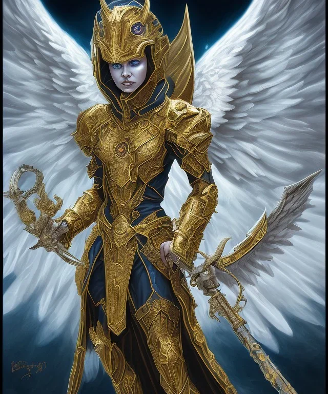 An angel of death, descended from a dragon, a sorcerer of high power, horns and scales replacing skin, gold scales, avenging angel, she will kill you, no eyes