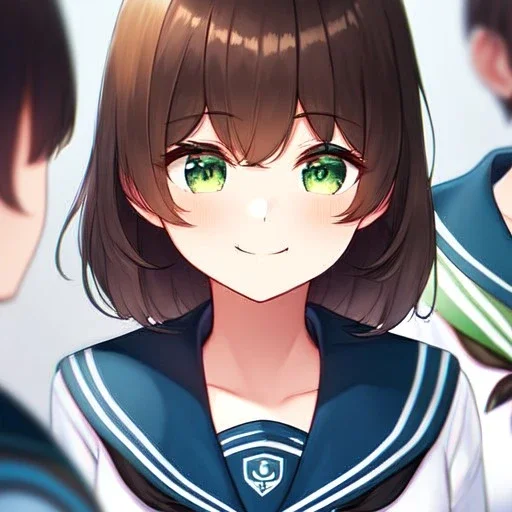 Clear focus,High resolution, brown short fluffy hair, long fluffy bangs, and green eyes, Depressed girl, wearing a sailor uniform, Smug smile, half closed eyes, smile, Extreme close up