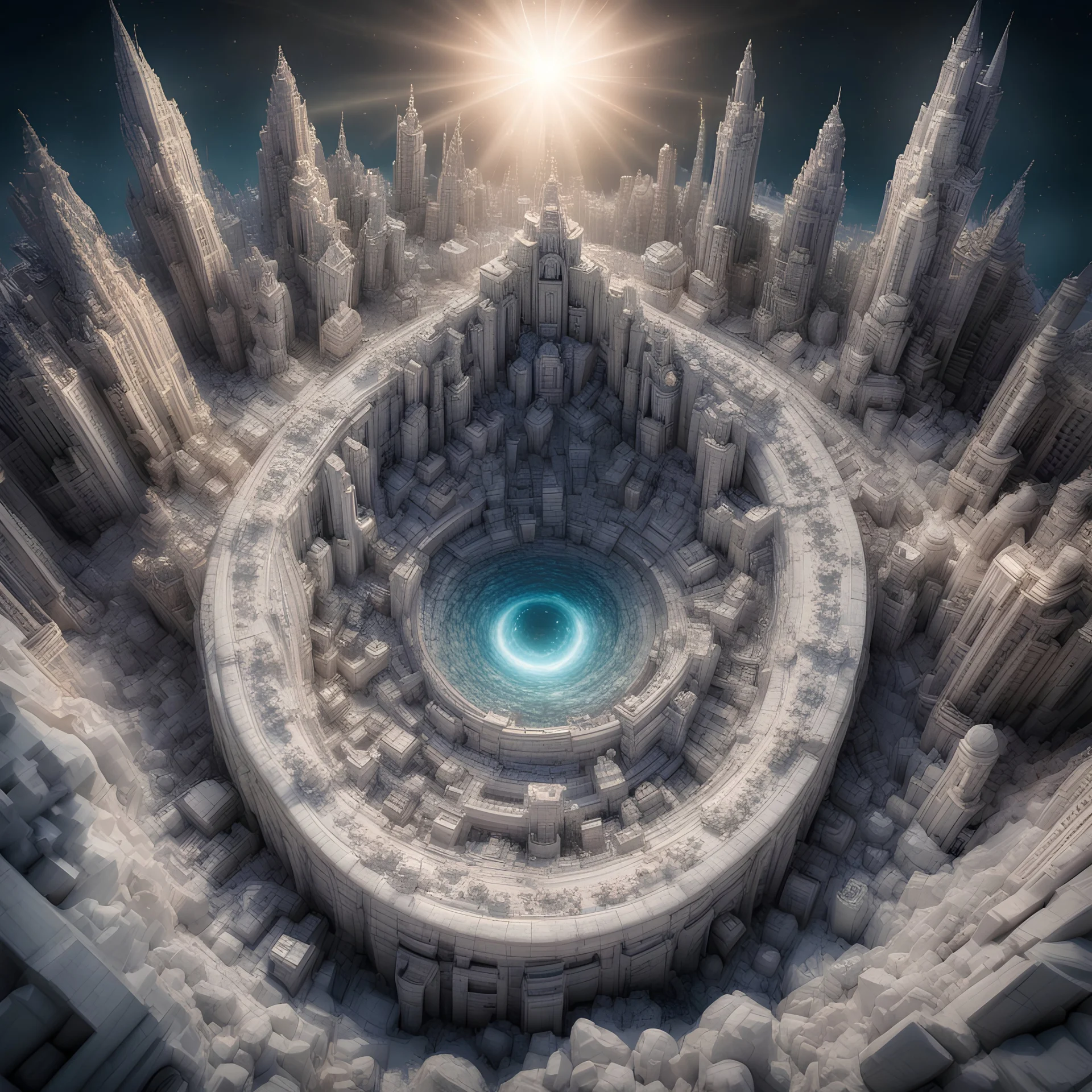 giant city made of marble with glowing crystals, worm's-eye view, high exposure, Professional photography, high contrast, bright vibrant colors, dark tone, high highlights, Intricate Patterns, Ultra Detailed, Luminous, Radiance, beautiful, Ultra Realism, Complex Details, Intricate Details, 8k, HDR, High Quality, Trending On Artstation, Sharp Focus, Studio Photo, Intricate Details,