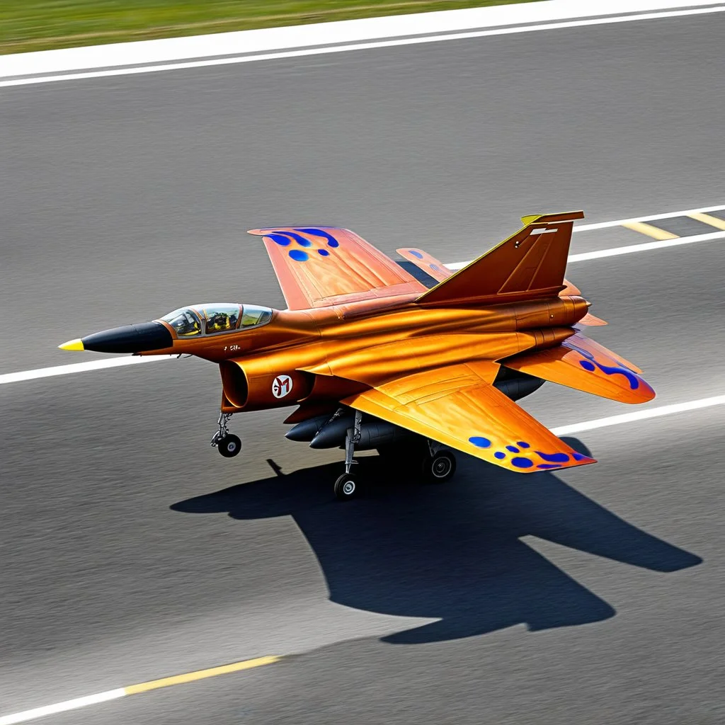 award winning photograph of a house-fly fighter-jet genetic-splice designed by only one vehicle per image painted metallic orange traveling at a high rate of speed, jet intake off of front center of vehicle and jet exhaust out the rear with bright blue flames painted on the hood and front quarter panels, bilaterally symetrical, more a high speed road vehicle