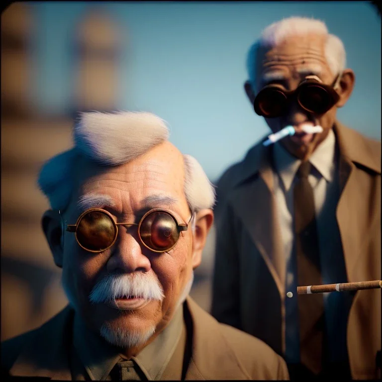 Realistic photo, American shot view, old Asian man + little monkey, cabaret scene, steampunk. Sunglasses, smoking, happy, hot. Many people background, highly detailed, concept art, unreal engine 5, god rays, ray tracing, RTX, lumen lighting, ultra detail, volumetric lighting, 3d, finely drawn, high definition, high resolution.