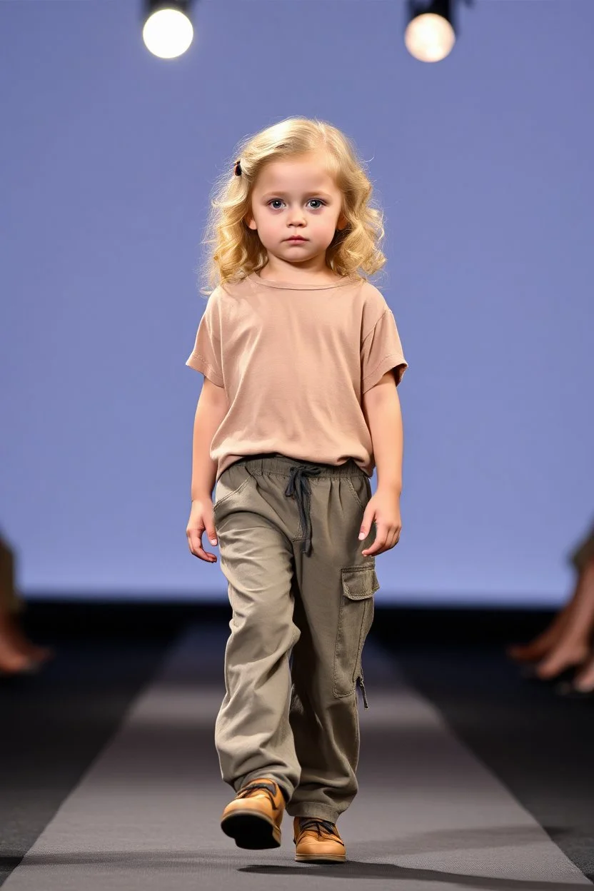 2 years old beautiful baby blue eyes girl fashion model in loose pants and loose top with blonde curvy wavy hair ,cat walks in runway,catwalk and pose at end with cute