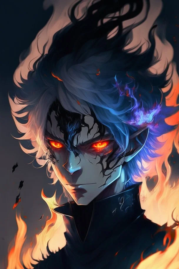 Anime with wight hair and black clothes and power fire and eyes of sharengan and cool face