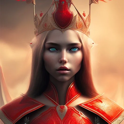  mighty queen elf, red armour, realistic, HD4k, watery cloud background, deep red eyes, close up shot