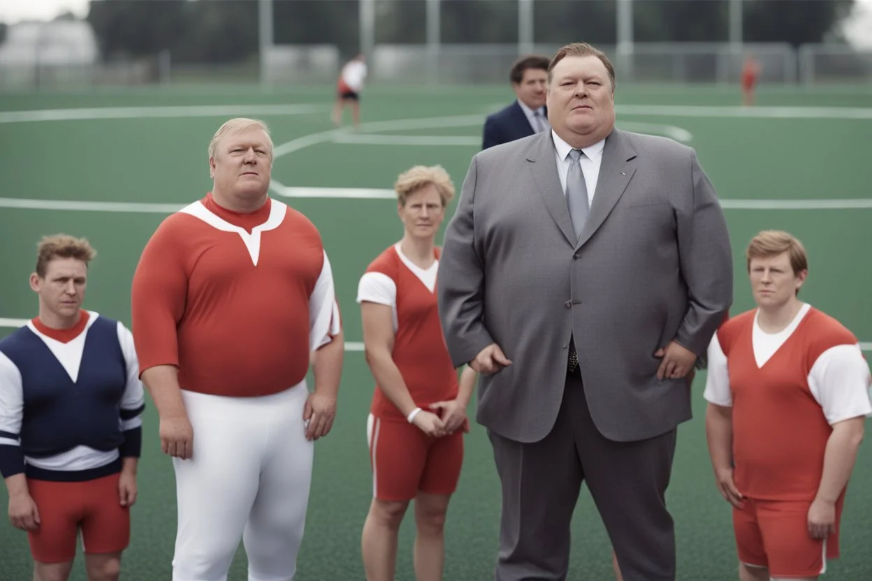 Overweight white politician wearing a suit; group of athletes in sports clothes; outside, sports field;