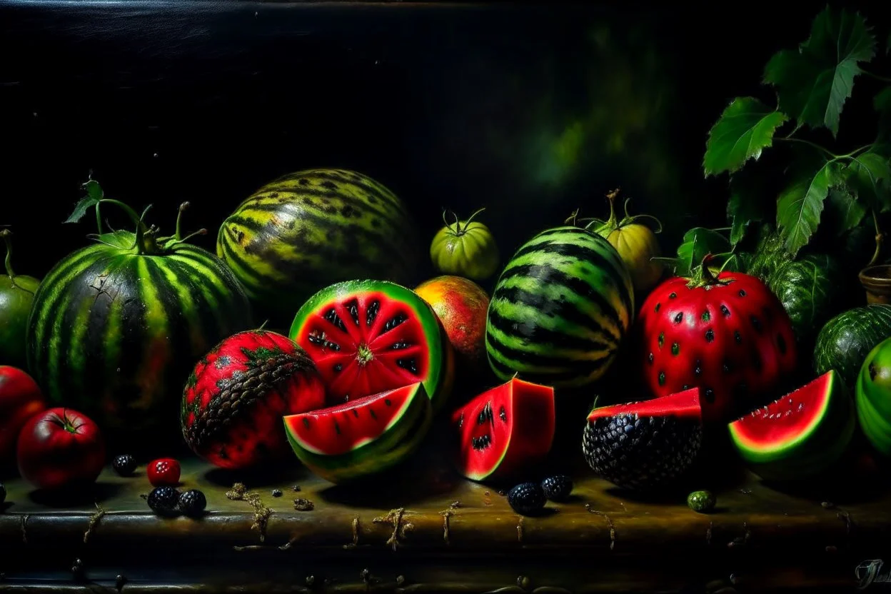 Still life oil painting depicting multiple vibrant watermelons against a dark toned background from a distance. Ripe and juicy, sliced open in several patterns, rich red interior visible, seeds visible, glossy texture, fresh green stems, contrasting bright colors, tropical fruit setting, artistic interpretation, detailed realism, bright colorful palette and paint texture, natural light, high resolution, Showcase texture and detail, by botanical painter. Blurred outlines.Looks delicious. Modifier