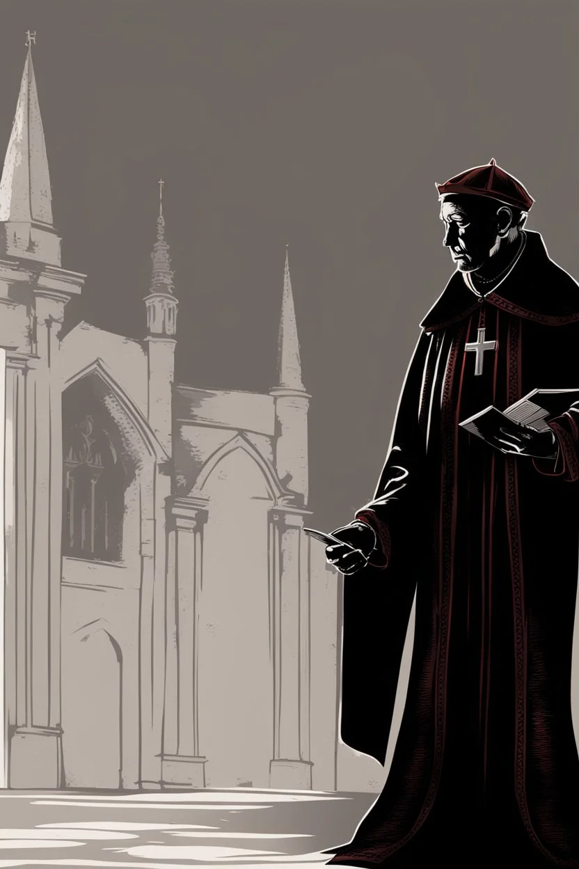 cardinal priest, reading, shadow, silhouette, gray background, medieval, illustration,