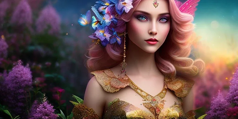 bright fairy, beautiful portrait, flowery landscape