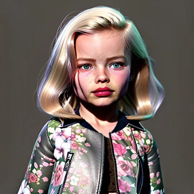 Margot Robbie toddler, full size, leather jacket, floral shirt, floral skirt, shoe, soft skin, dramatic lighting, hyper realistic