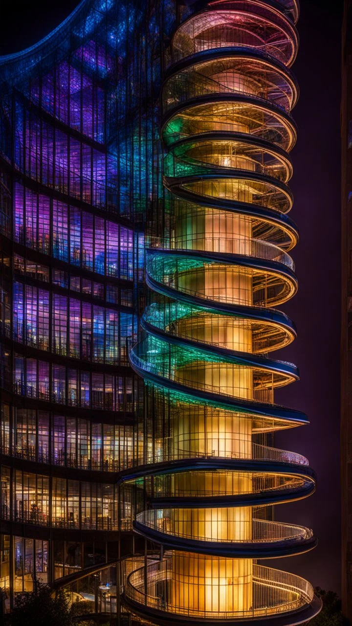 94625, delightful, sensitive, confident, iridescent double helix tower, delicate, nocturnal, architecture, award-winning photograph, beautiful composition, filled with beautiful detail, delicate colour, chiaroscuro