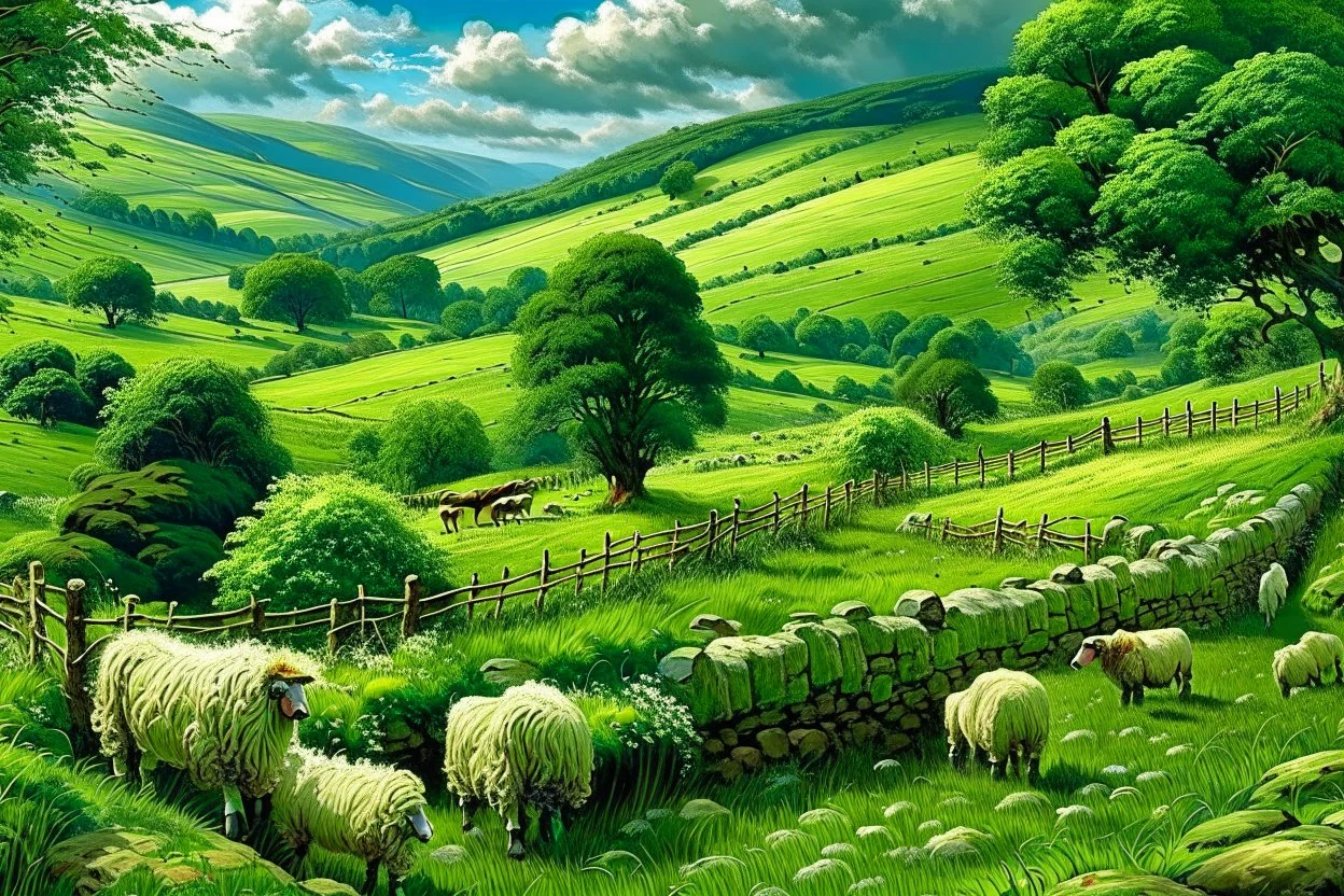 beautiful rolling hills and fields, with stone fences, small stream and sheep, of the Bakewell in England. Gorgeous lush green grass and trees.