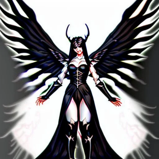 angel, demon, angel demon hybrid, half angel, half demon, black angel wings, white demon wings, black and white, balance, horns, armor, noble clothes, black and white armor, black and white clothes