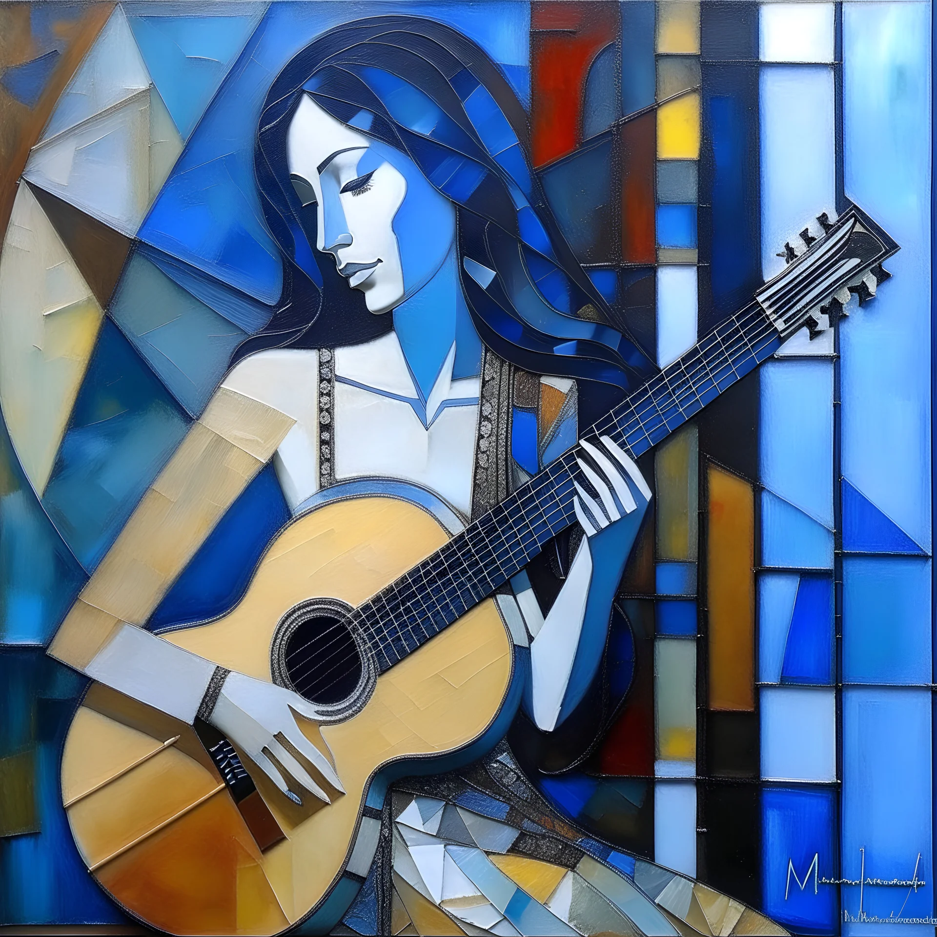 Highly detailed abstract (fresco) or (stained glass mural) of Madonna Joan Baez with large blue guitar, by (Picasso), Blue Period, and Dali. The (rough stone or glass texture) is showing through the paint. ((Muted colors)), [[dramatic lighting]]. [Short brush strokes], [expressive brush strokes]. [Paint texture]. Canvas texture. Art history, Google images, 4k. (Simplified background). Spiritual, religious. Sunlight streaming in from behind glass.