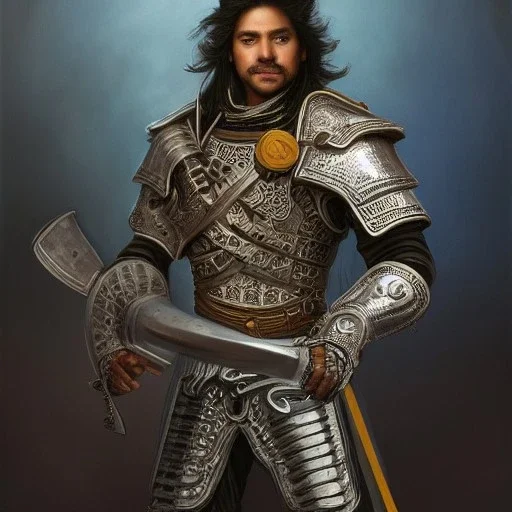 portrait,"Insanely detailed photograph of an armored mariachi warrior with sword", mullet,intricate chainmail charo,large Sombrero,elegant, detailed D20 flair, digital painting, artstation, concept art, smooth, sharp focus, illustration, art by artgerm and greg rutkowski and alphonse mucha, 8 k