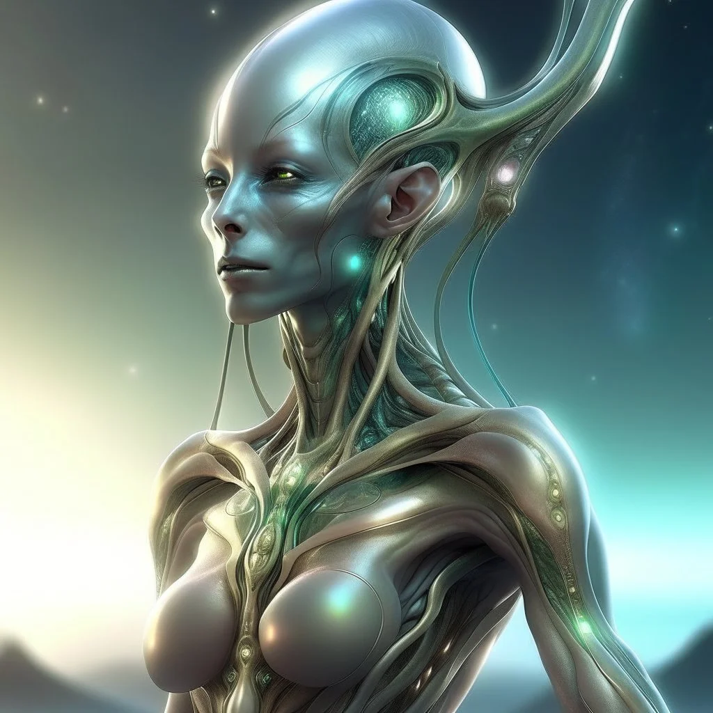 gorgeous female humanoid alien, slender muscular warrior, looking over shoulder at the sky, tentacles, coper zinc orichalcum jewelry and piercings, beautiful face, mesmerizing starry eyes, smooth translucent skin, hourglass, size DD.