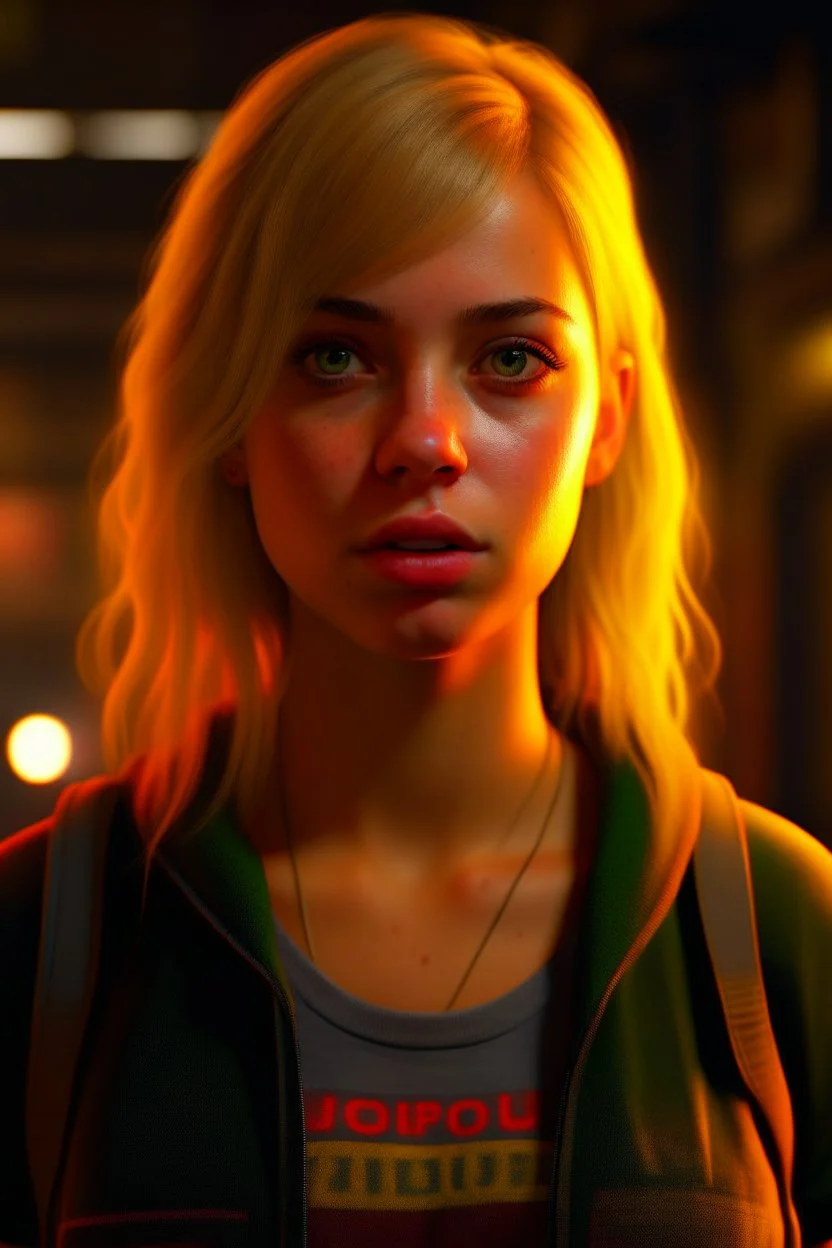 underground, a cute blonde latino female chat robot that stares at us like we are the prettiest demons she has ever seen, its such a perfect day, motion blur, smoke, 8k, downlight, soft light, depth of field, photorealism, trending on art station, lotsa detail