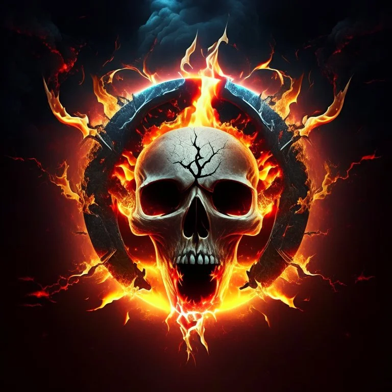 fiery fiery skull inside an ellipse and with lightning around it