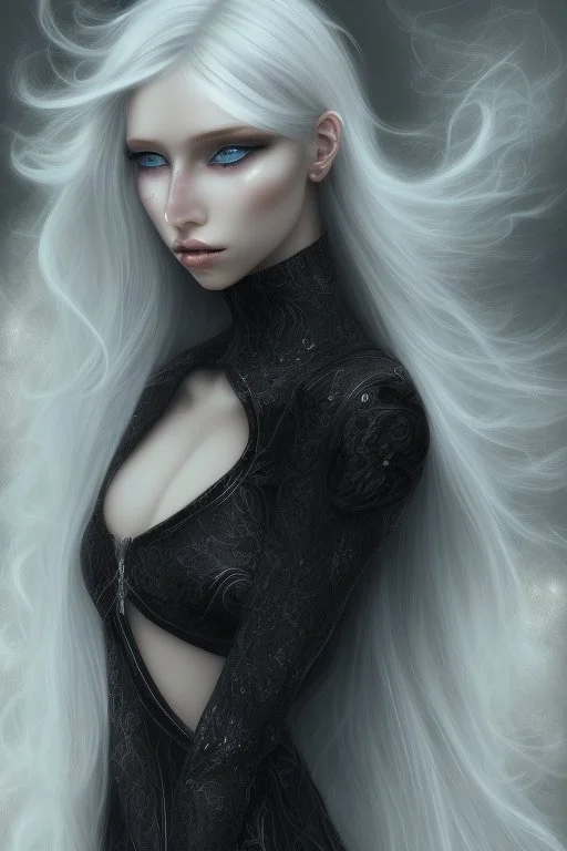 A beautiful young woman with long white hair and blue eyes, pale skin with opal freckles. Wearing a black dress