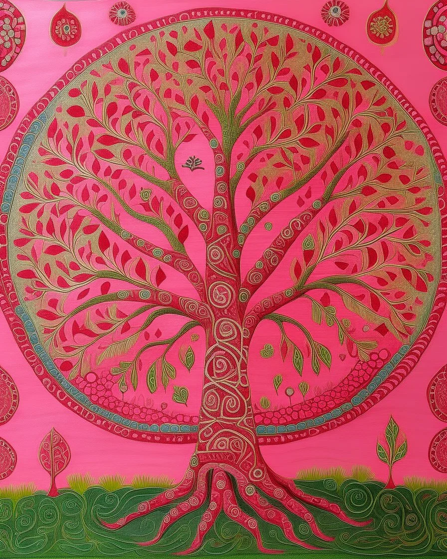 A rosy pink tree designed in Kuna Molas painted by Vincent van Gogh