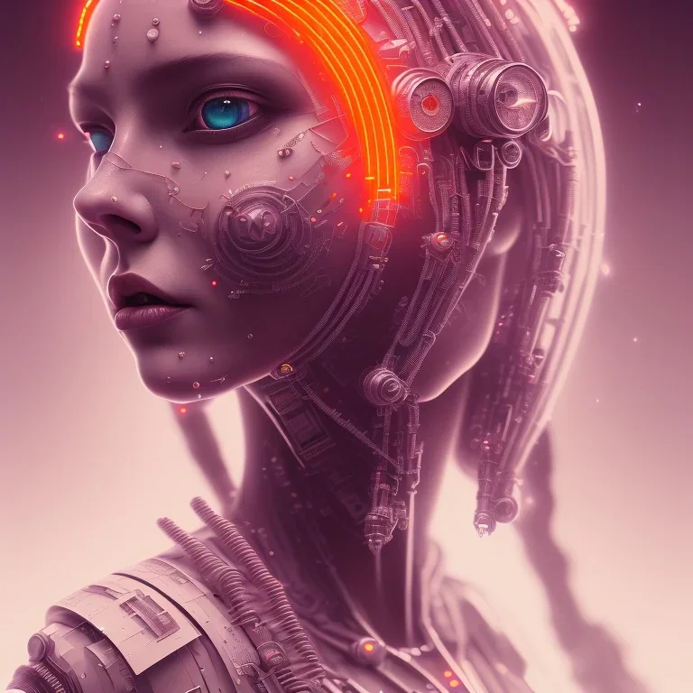 A beautiful portrait of a cute cyberpunk woman happy, grain on the skin, tribal tatoos, orange color scheme, high key lighting, volumetric light high details with white stripes and feathers full length clean art NFT, soft lighting, soft pastel gradients, high definition, blender 3d cinematic, op art, visionary art, sacred geometry, fractal, white balanced