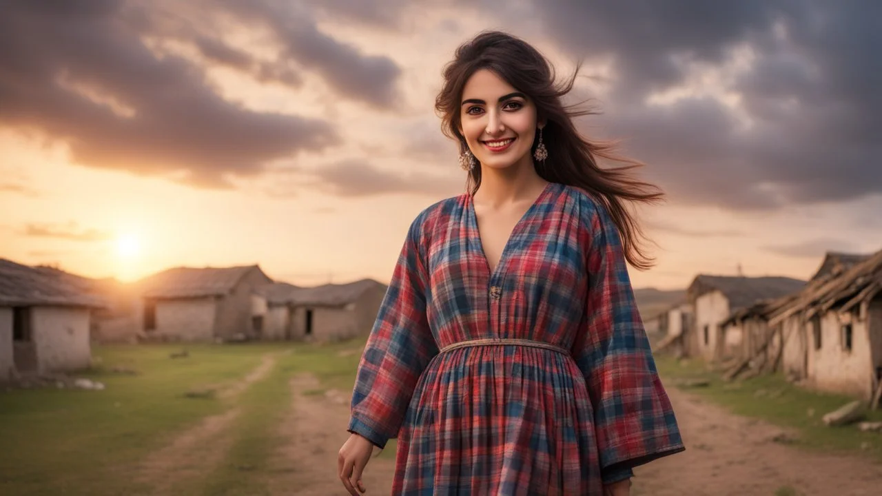 Hyper Realistic Young-Happy-Pashto Woman wearing checkered-patterned dress in a village at cloudy sunset with dramatic ambiance