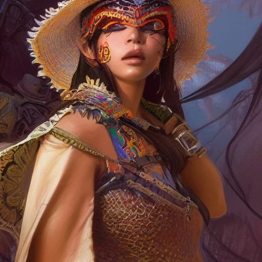 portrait,"Insanely detailed photograph of a gang of mariachi warriors", intricate chainmail charo, large colorful Sombrero,elegant cape, highly detailed D20, digital painting, artstation, concept art, smooth, sharp focus, illustration, art by artgerm and greg rutkowski and alphonse mucha, 8 k