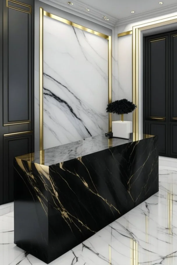 Black marble reception desk with white marble wall veined with gold