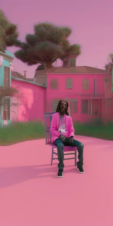 Snoop dogg, sitting. a chair. pink houses, pink sky, pink smoke, trees, outdoors. Groove street. 28mm