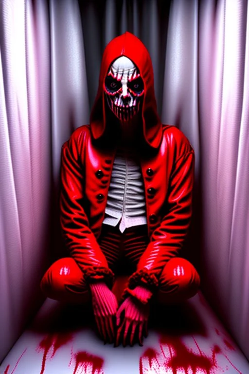 A scary gothic person sits quietly in the middle of a soundproof, padded room conveying intense dramatic emotions in a muted environment, wearing a bright red straitjacket , a mask to cover the mouth area of cannibal evil scary, dark and gothic look, cold eyes, eary ultra detailed,.32k, digital art style with messy paint, hardened sealer appearance, impasto, dramatic Arial view with explosive chaotic background