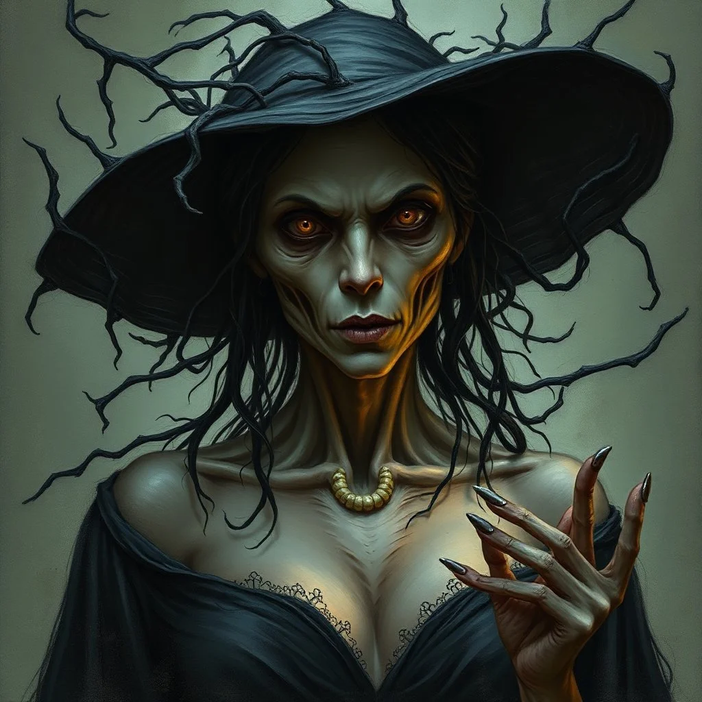 The witch, Lorissa Nightshade, appears—a gaunt, pale woman with hollowed out eyes and wreathed in shadowy tendrils. Grimdark realistic