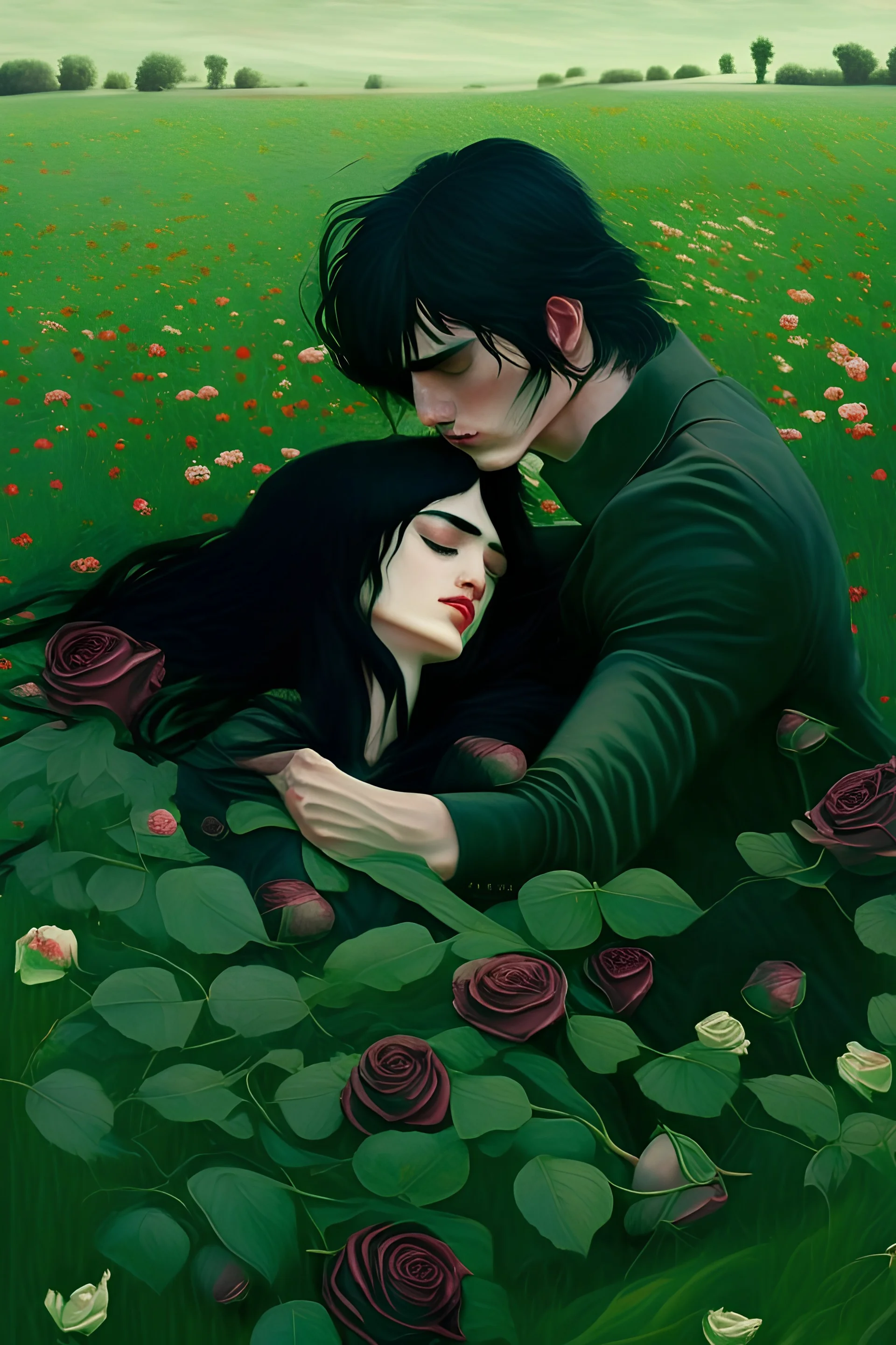 A green grassy land full of roses, on which a young man and a woman with black hair sit, exchanging roses and embracing each other.