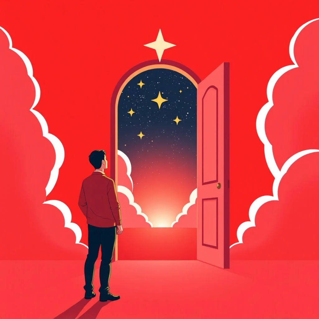 Man standing in front of an open door leading to the stars, symbolizing hope and new beginnings. The artwork features a red color scheme, simple illustration, vector art style, flat design and a bright, colorful 2D background. This professional illustration is in the style of Mandy Disher, with soft gradients and soft colors, and is high resolution.