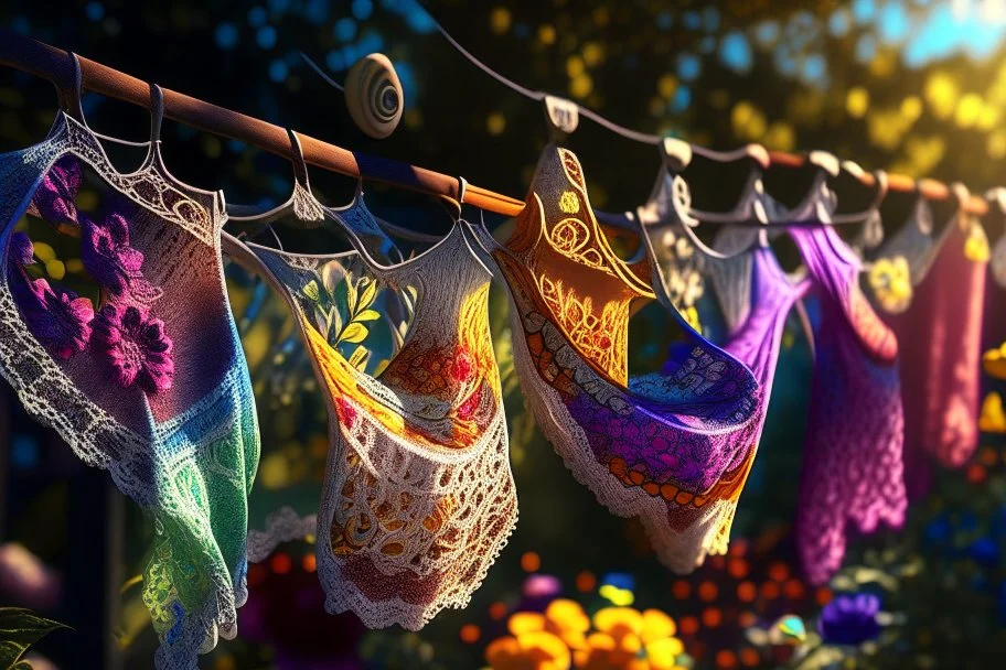 Beautiful lace tangas of different colours drying on a clothesline in a flower garden, centre, bold colours elegant fantasy 8k beautiful dynamic lighting award winning imperial colors hyperrealistic ultra detailed 4K 3D high definition crisp quality colourful hdr, backlit, in sunshine