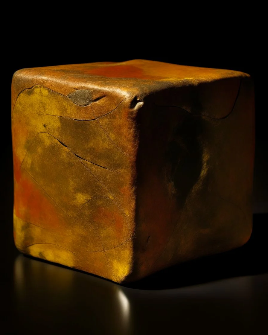 A brown cube-shaped rock painted by Paul Gauguin