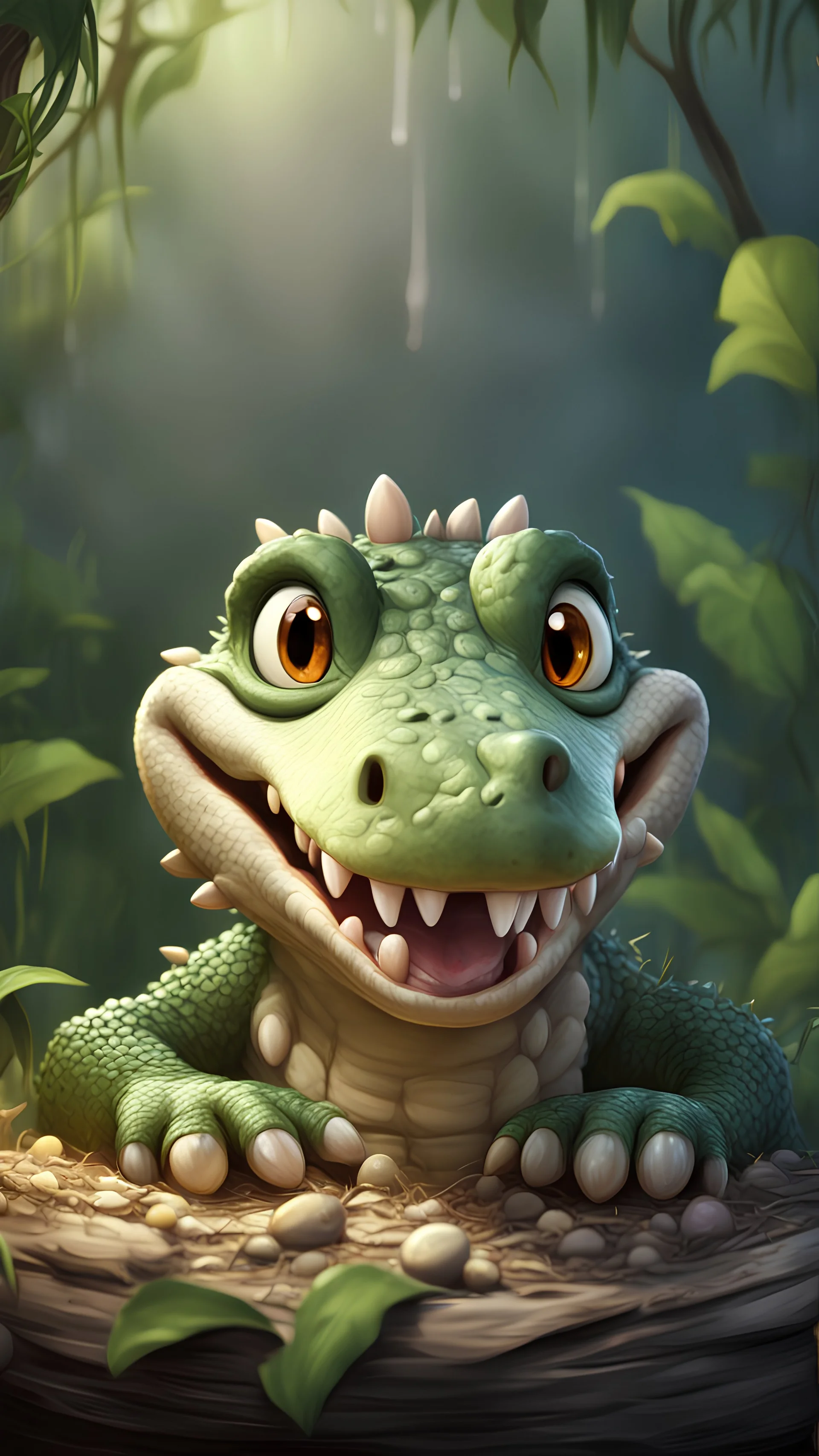 Kawaii, Cartoon, one cute crocodile eating its eggs in the nest and crying, it has teeth in its open mouth and two nostrils on its snout, 5 toes on each paw , Caricature, Realism, Beautiful, Delicate Shades, Lights, Intricate, CGI, Botanical Art, Animal Art, Art Decoration, Realism, 4K , Detailed drawing, Depth of field, Digital painting, Computer graphics, Raw photo, HDR