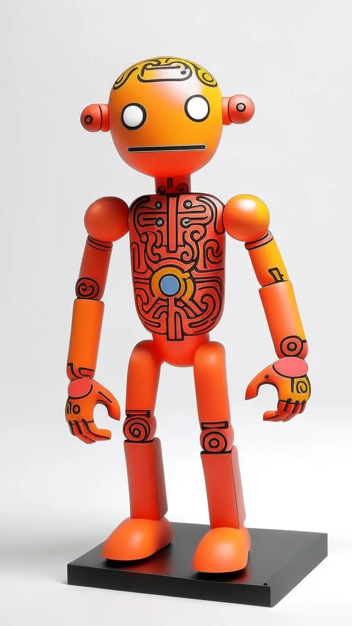 A light rosy orange colored robot painted by Keith Haring