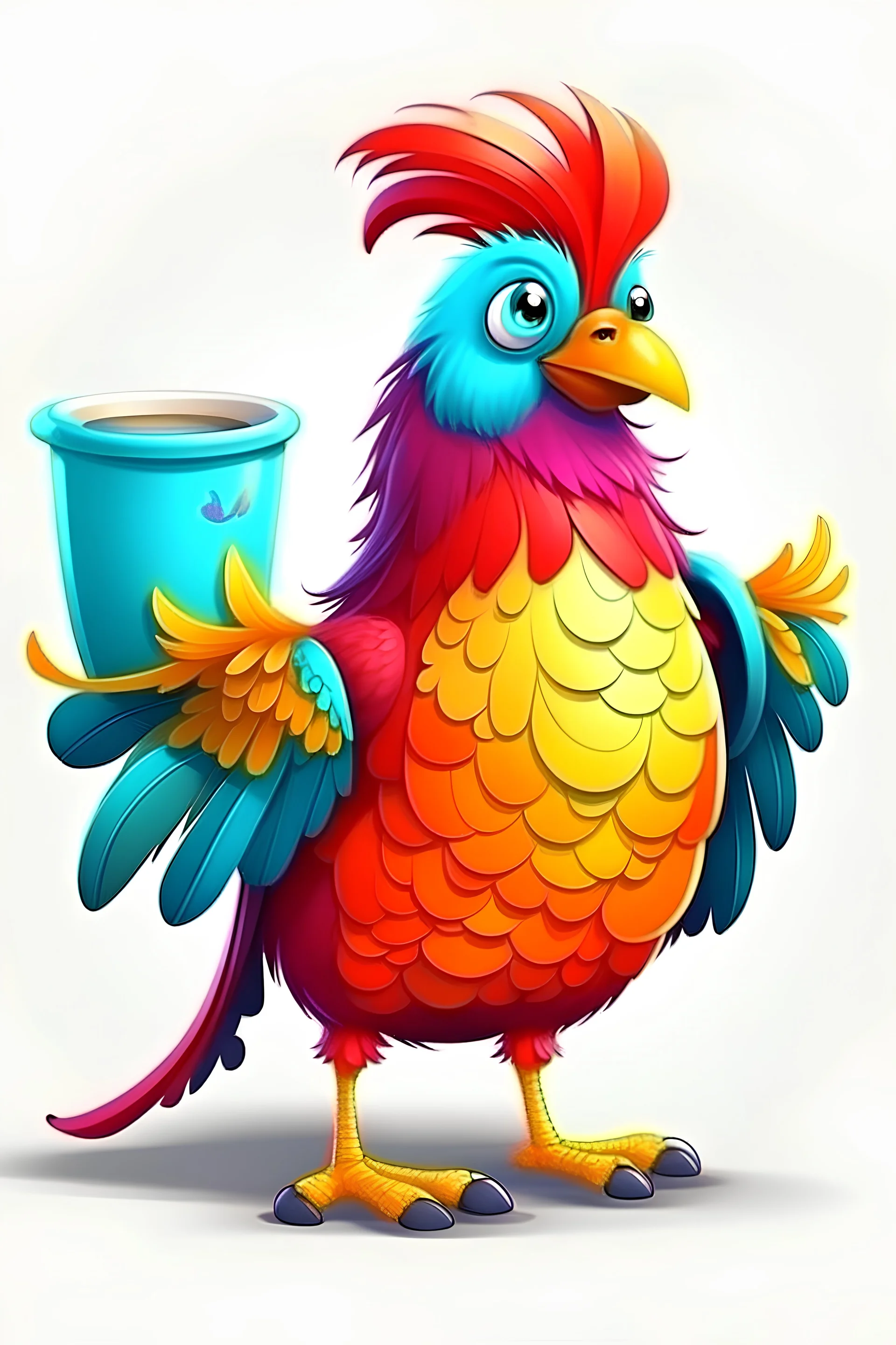 Cartoon, happy, realistic, colorful feathered bird turako looks full-length in the center and offers to drink coffee from a plastic cup and holds the cup with one wing, and with the other shows a cup of coffee 16k