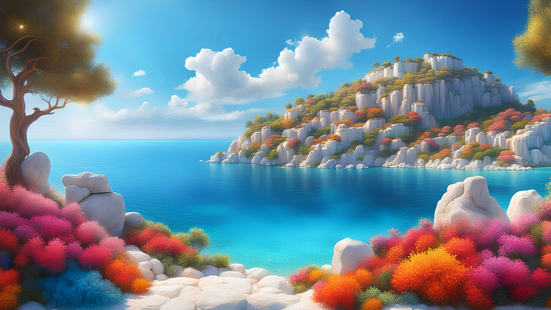 Breathtaking Greek island scenery landscape, crystal azure waters, sunny sky, pine trees ,colorful flowers, highly detailed, cinematic, 16k,