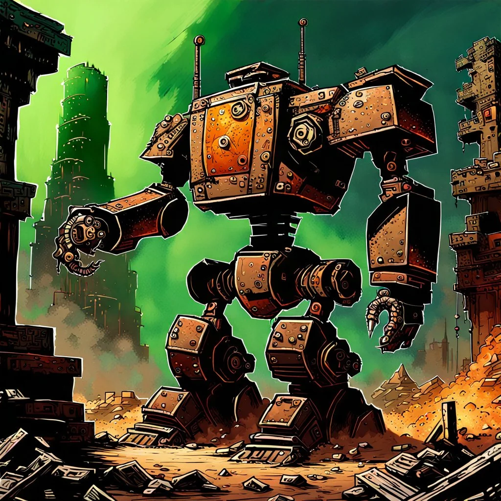 90's fantasy tcg art of a giant junk robot made of multiple parts in the ruins of a post apocalyptic city