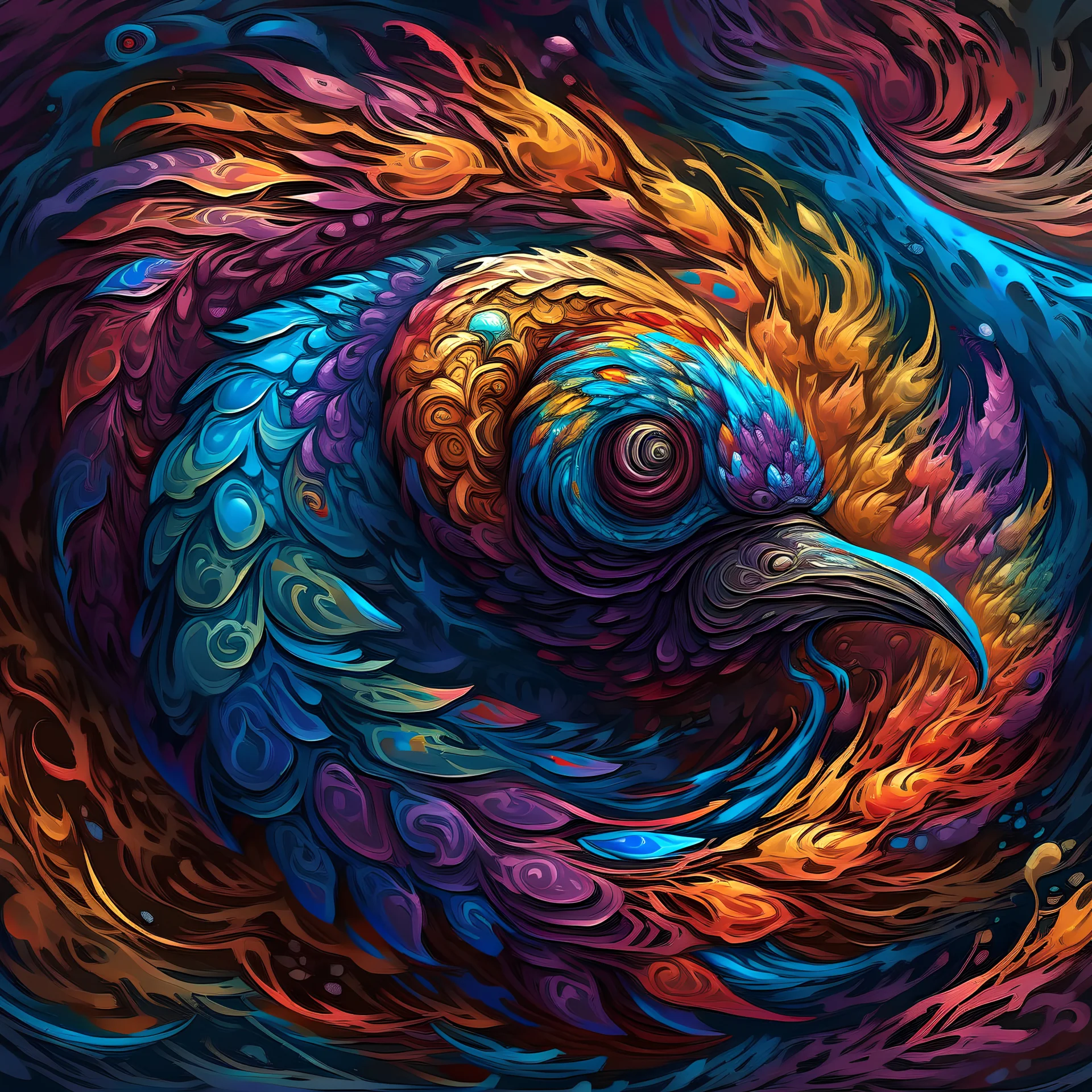 A fantastical creature emerging from a swirling vortex of color and light, rendered in a thick and textured impasto style. Challenge yourself with creating complex patterns and textures.