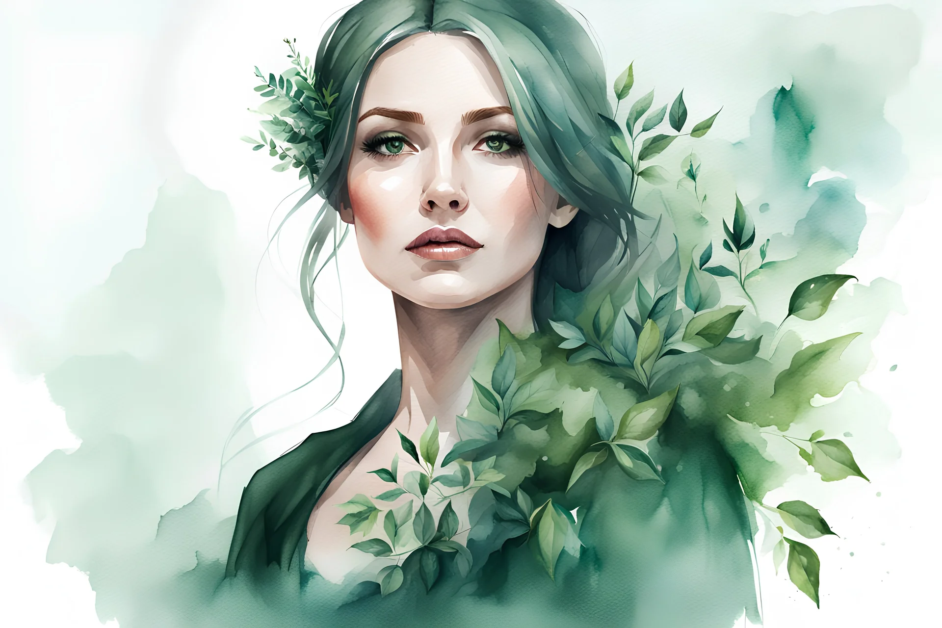 portrait of a woman, watercolor drawing of a dark green gothic bouquet of medicinal herbs and branches with leaves on a white background, Trending on Artstation, {creative commons}, fanart, AIart, {Woolitize}, Charlie Bowater, Illustration, Color Grading, Filmic, Nikon D750, Brenizer Method, Side View, Perspective, Depth of Field, Field of View, F/2.8, Highlights, Tonal Colors, 8K, Full-HD, ProPhoto RGB, Perfectionism, Edge Lighting, Natural Lighting, Soft Lighting, Accent Lighting, Diffraction