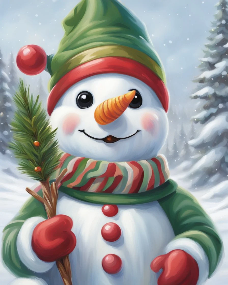 Snowman elf, digital art, hyper-detailed, light colors, 8k oil painting