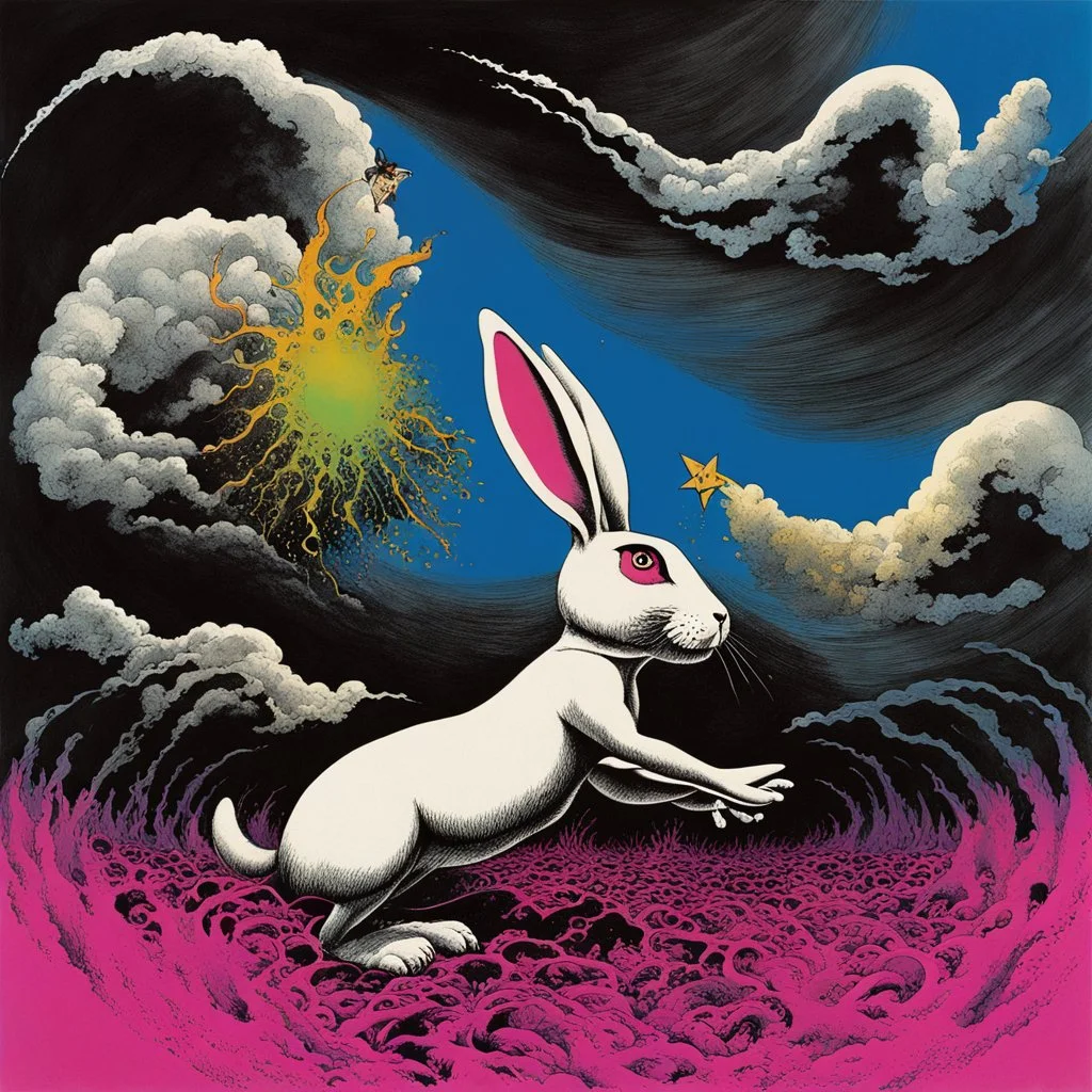 breathe (in the air) rabbit run dig that hole forget the sun, sinister surreal eerie rabbit with x's for eyes and a gaping open mouth that leads into a swirling abyss, album cover for Pink Floyd, by Dave McKean and Gerald Scarfe, psychedelic colors, mindbending surrealism.